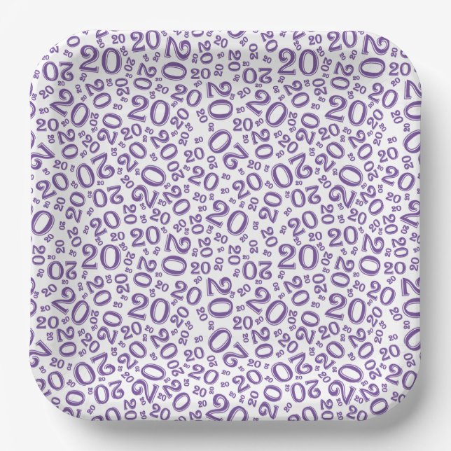 20th Birthday Random Number Pattern Purple/White Paper Plates (Front)