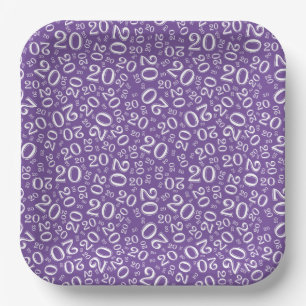 20th Birthday Random Number Pattern Purple/White Paper Plates