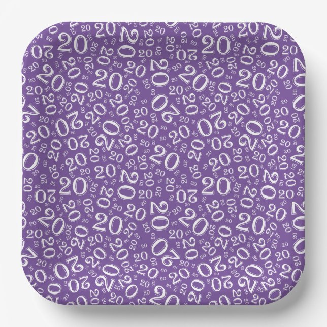 20th Birthday Random Number Pattern Purple/White Paper Plates (Front)