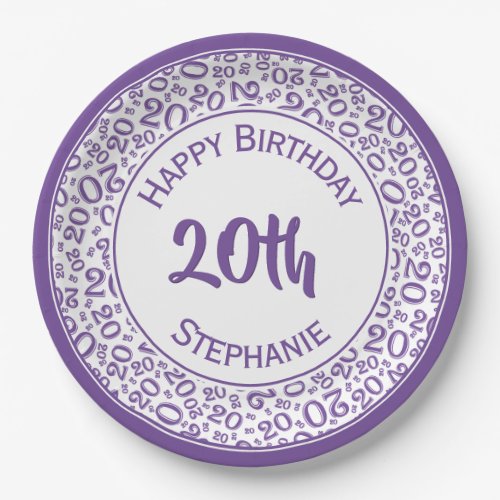 20th Birthday Random Number Pattern PurpleWhite Paper Plates