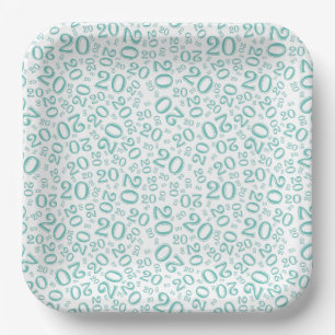20th Birthday Random Number Pattern Teal/White 20 Paper Plates