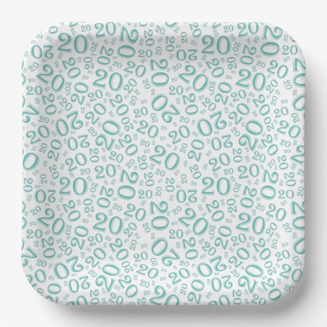 20th Birthday Random Number Pattern Teal/White 20 Paper Plates (Front)