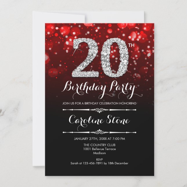 20th Birthday - Red Black Silver Invitation (Front)