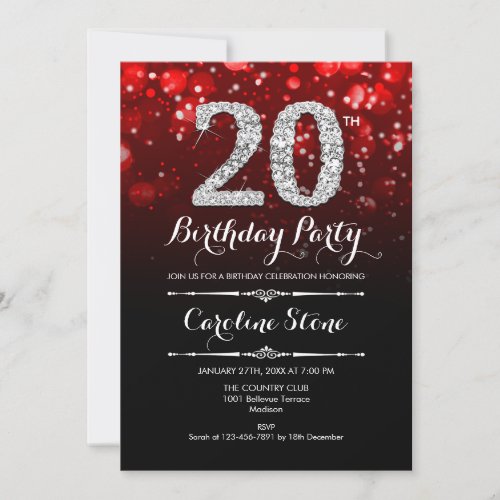 20th Birthday _ Red Black Silver Invitation