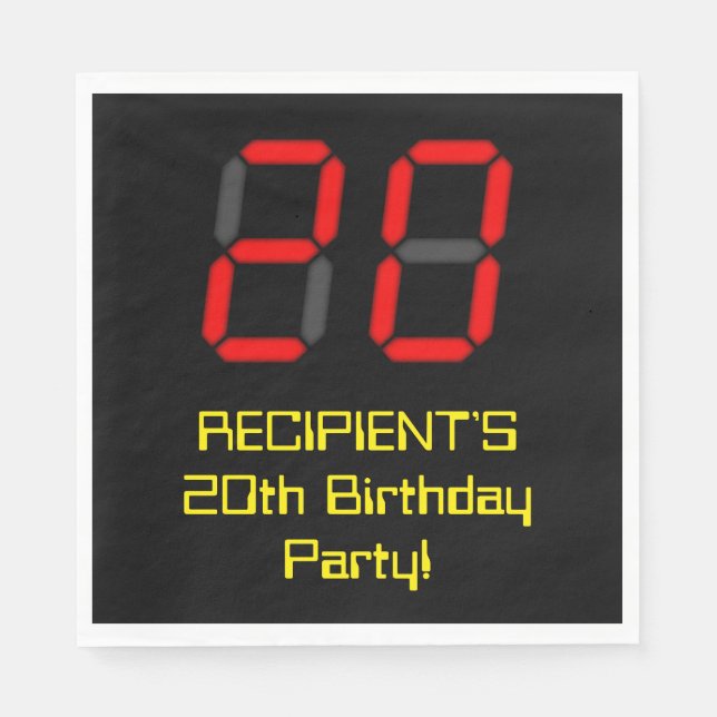 20th Birthday: Red Digital Clock Style "20" + Name Napkins (Front)