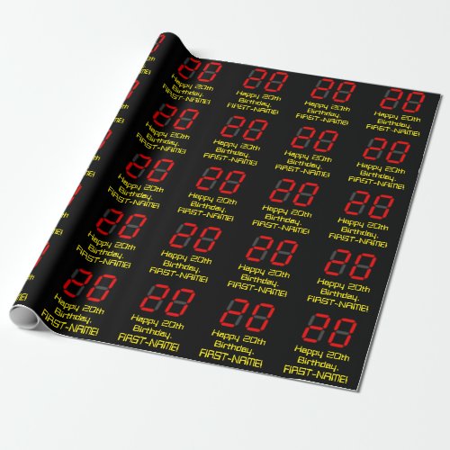 20th Birthday Red Digital Clock Style 20  Name Wrapping Paper