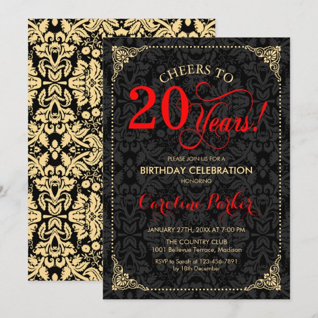 20th Birthday - Red Gold Black Damask Invitation (Front/Back)