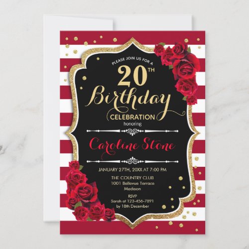 20th Birthday _ Red Gold Black White Stripes Roses Invitation