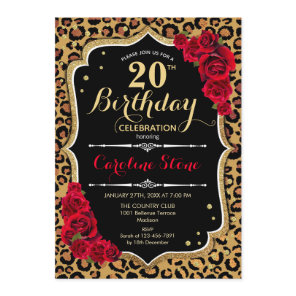 20th Birthday - Red Roses Leopard Print Invitation