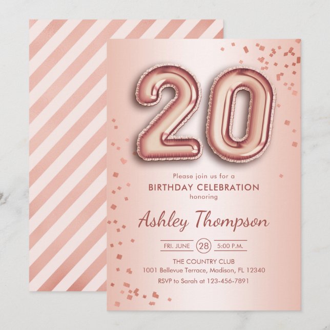 20th Birthday - Rose Gold Balloons Invitation (Front/Back)