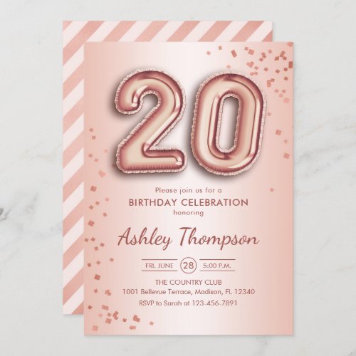 20th Birthday _ Rose Gold Balloons Invitation