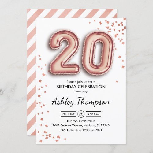 20th Birthday _ Rose Gold Balloons Invitation