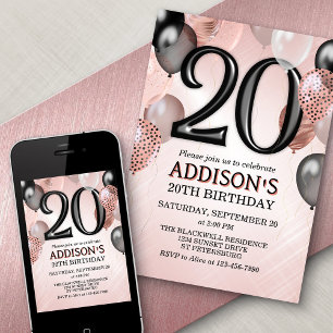 20th Birthday Rose Gold Balloons Invitation