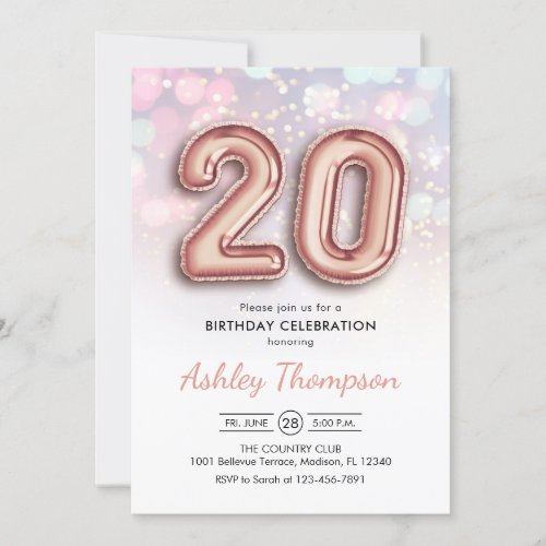 20th Birthday _ Rose Gold Balloons Pink Lights Invitation