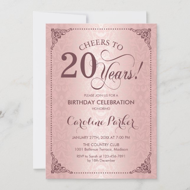 20th Birthday - Rose Gold Damask Invitation (Front)