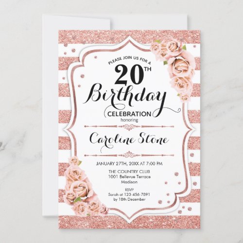 20th Birthday _  Rose Gold White Stripes Invitation