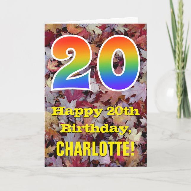 20th Birthday; Rustic Autumn Leaves; Rainbow "20" Card (Front)