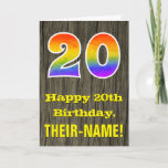 [ Thumbnail: 20th Birthday: Rustic Faux Wood Look, Rainbow "20" Card ]
