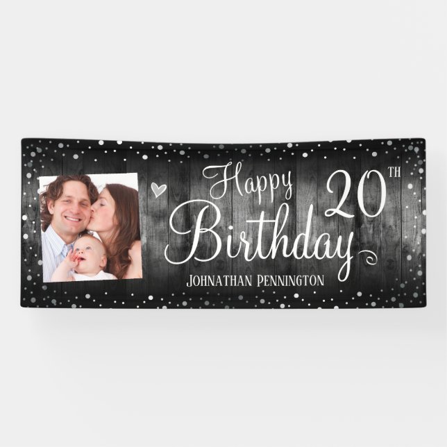 20th Birthday Rustic Wood Photo Silver Confetti Banner (Horizontal)