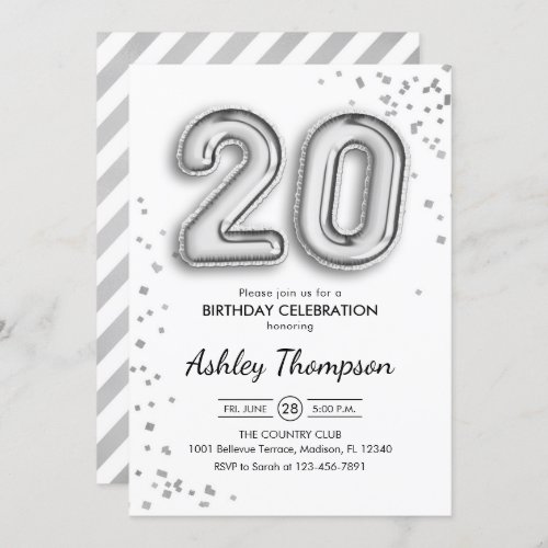 20th Birthday _ Silver Balloons Invitation