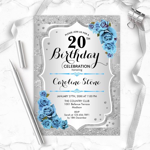 20th Birthday _ Silver Stripes Icy Blue Roses Invitation