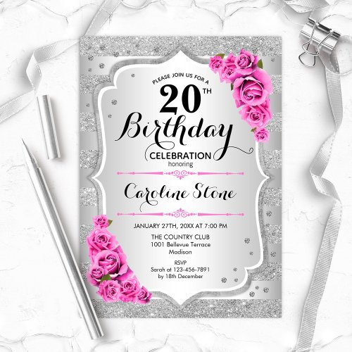 20th Birthday _ Silver Stripes Pink Roses Invitation