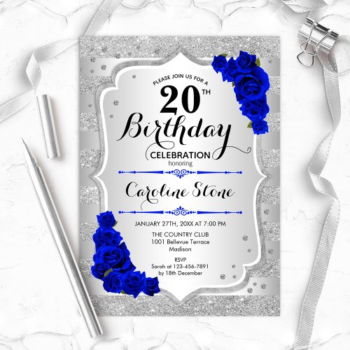 20th Birthday _ Silver Stripes Royal Blue Roses Invitation