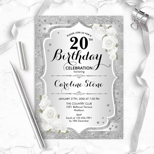 20th Birthday _ Silver Stripes White Roses Invitation
