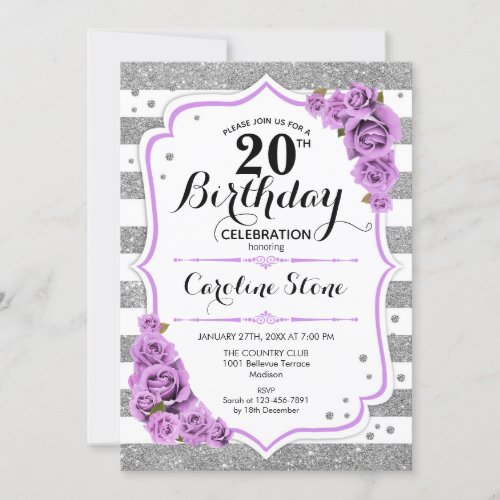 20th Birthday _  Silver White Stripes Purple Roses Invitation