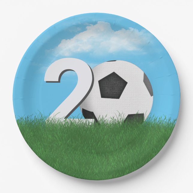 20th Birthday Soccer Ball In Green Grass Paper Plates (Front)