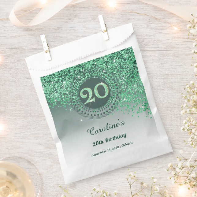20th Birthday | Sparkling Green Gold Glitter Favor Bag (Clipped)