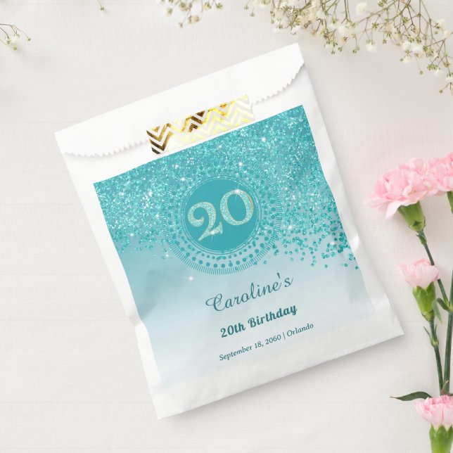 20th Birthday | Sparkling Teal Blue Gold Glitter Favor Bag (Sealed)