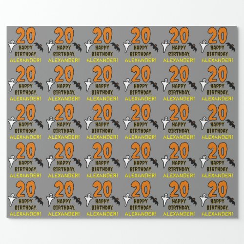 20th Birthday Spooky Halloween Theme Custom Name Wrapping Paper