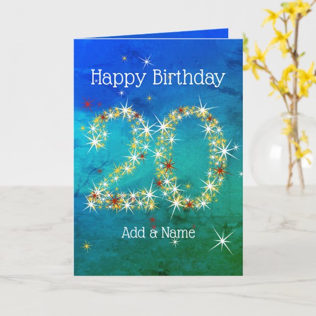 20th Birthday - Star Numbers - Blue Green - Age 20 Card (Yellow Flower)