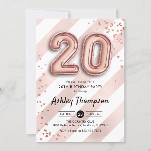20th Birthday _ Stripes Rose Gold Balloons Invitation