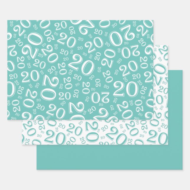 20th Birthday Teal & White Number Pattern 20 Wrapping Paper Sheets (Set)