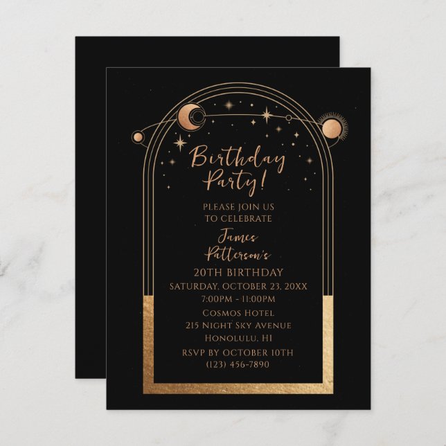 20th Birthday Twenty Celestial Black Gold Invitation (Front/Back)