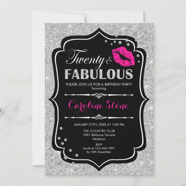20th Birthday - Twenty Fabulous Black Pink Silver Invitation (Front)