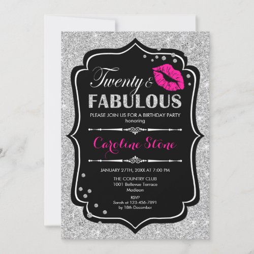 20th Birthday _ Twenty Fabulous Black Pink Silver Invitation