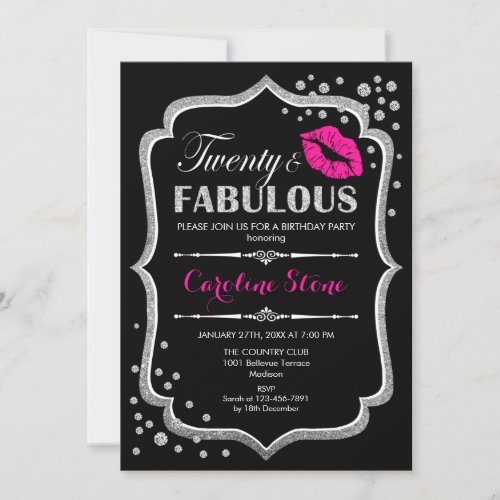 20th Birthday _ Twenty Fabulous Black Pink Silver Invitation