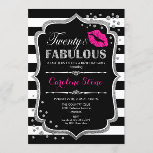 20th Birthday - Twenty Fabulous Black Pink Silver Invitation