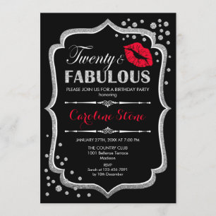 20th Birthday - Twenty Fabulous Black Red Silver Invitation