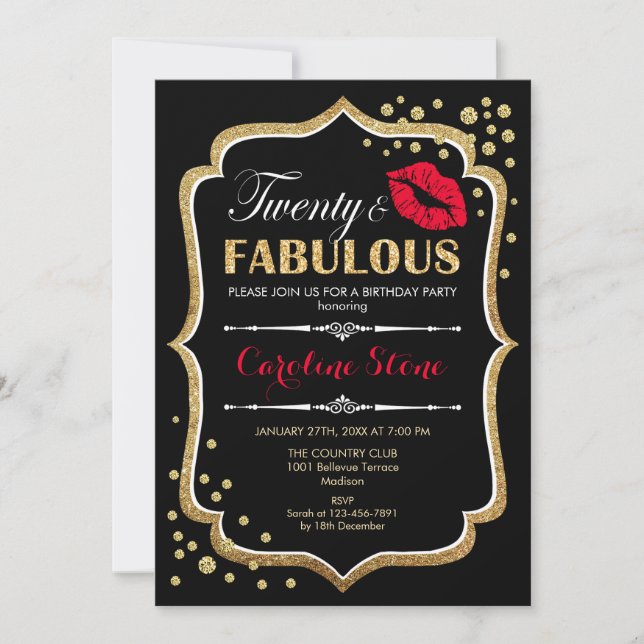 20th Birthday - Twenty Fabulous Gold Black Red Invitation (Front)