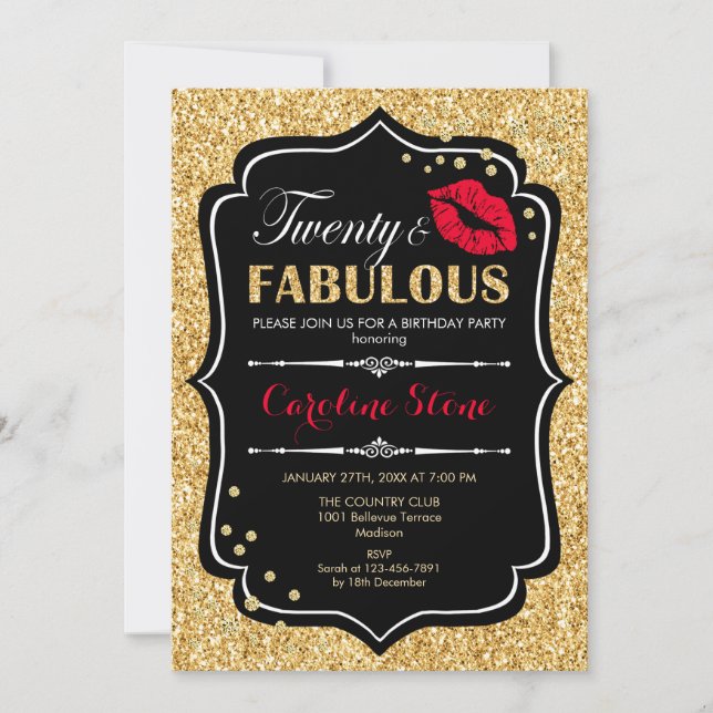 20th Birthday - Twenty Fabulous Gold Black Red Invitation (Front)