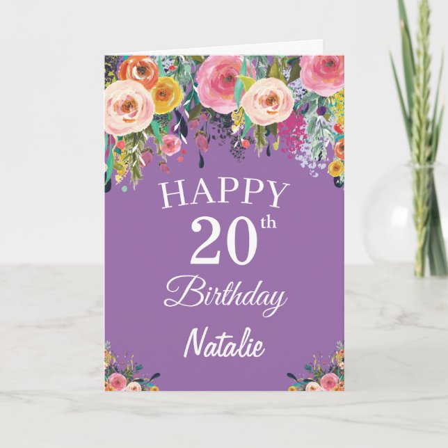 20th Birthday Watercolor Floral Flowers Purple Card (Front)