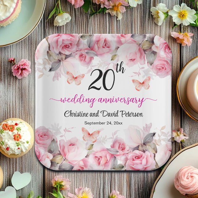 20th China Wedding Anniversary Blush Roses Paper Plates (Creator Uploaded)