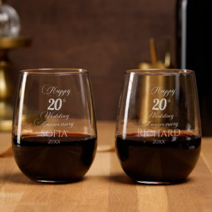 20th China Wedding Anniversary Elegant Script Stemless Wine Glass