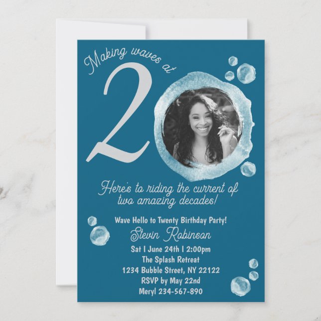 20th Dark Teal Bubbles Birthday Party Invitation (Front)