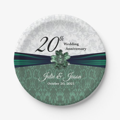 20th Emerald Damask Wedding Anniversary Design Paper Plates