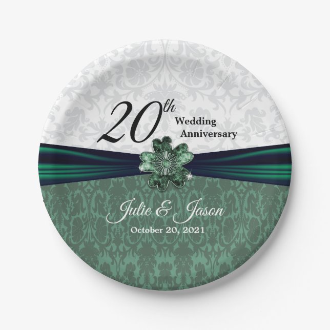 20th Emerald Damask Wedding Anniversary Design Paper Plates (Front)